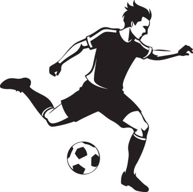 Futbol oynayan bir futbolcunun spor ve atletik tasarımlar için mükemmel siyah ve beyaz çizimleri.