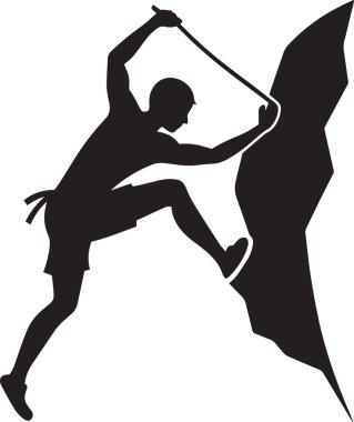 Bir kaya tırmanıcısının siyah vektör silueti bayrak ve dinamik duruşu olan bir duvara tırmanıyor, macera ve ekstrem spor tasarımları için ideal.