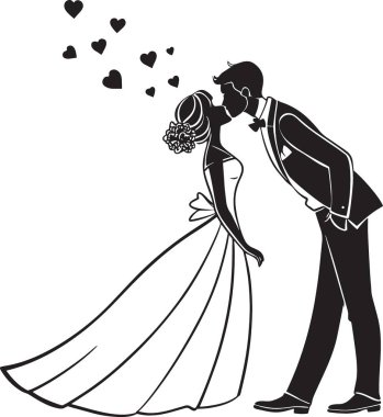 Gelin ve damadın yüzen kalpleriyle öpüşen siyah vektör silueti. Düğün ve romantizm için mükemmel.