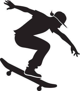 Bir kaykaycının siyah vektör silueti kaykayla hava numarası yapıyor, sokak sporları ve gençlik kültürü tasarımları için ideal.