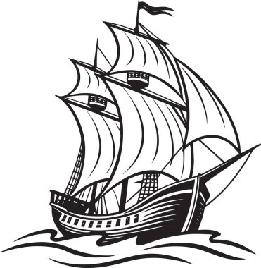 Okyanusta tam yelkenli uzun bir yelkenli gemisinin siyah ve beyaz çizimi, denizcilik ve deniz temalı tasarımlar için mükemmel.