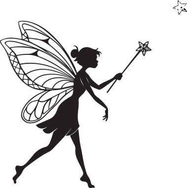 Kelebek kanatlı bir kızın siyah vektör silueti elinde sihirli bir değnek, çocuklar ve fantezi tasarımları için mükemmel.