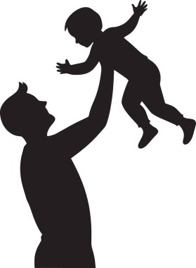 Siyah ve beyaz vektör silueti bir ebeveynin neşeyle küçük bir çocuğu havaya fırlatması, aile ve ebeveynlik tasarımları için ideal.