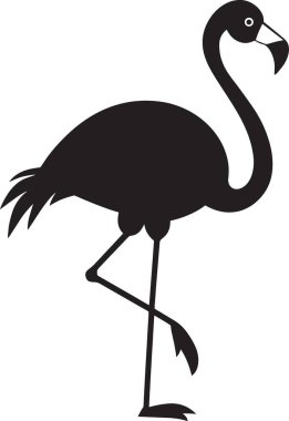 Tropikal dekor, doğa baskıları ve logo tasarımları için ideal, ayakta duran bir flamingonun koyu siyah ve beyaz vektör silueti