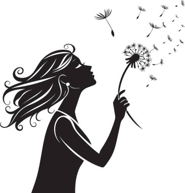 Güzel siyah beyaz vektör silueti dalgalı saçlarıyla karahindiba tohumları saçan romantik, rüya gibi ve doğa temalı tasarımlar için ideal bir kız.