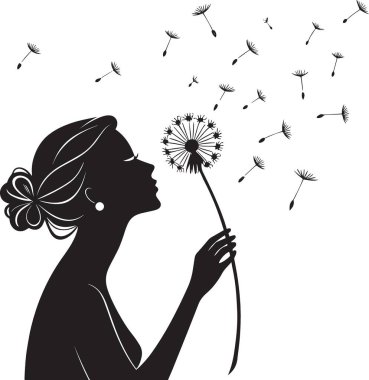 Kara hindiba tohumları saçan bir kadının siyah ve beyaz silueti. İlham verici, doğa ve kadınsı tasarımlar için mükemmel.