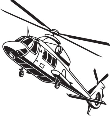 Havacılık, askeri ve ulaşım temalı tasarımlar için ideal uçan bir helikopterin ayrıntılı siyah ve beyaz vektör çizimi