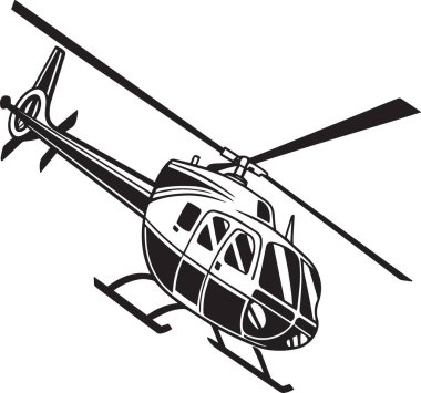 Havacılık, askeri ve teknolojik tasarımlar için mükemmel olan bir helikopterin yan açılı uçuşu için siyah ve beyaz vektörü