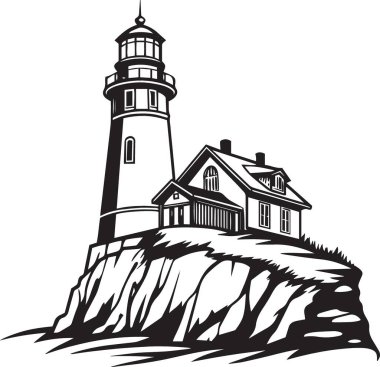 Kayalık kayalıklarda evi olan bir deniz fenerinin detaylı siyah-beyaz çizimi. Deniz, kıyı ve deniz temalı tasarımlar için mükemmel.