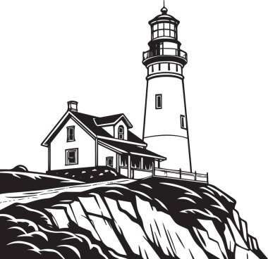Deniz fenerinin deniz, seyahat ve manzara çizimleri için ideal olan kayalık bir sahil uçurumunda binaları olan siyah ve beyaz bir vektörü.