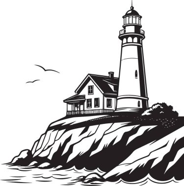 Okyanusa bakan bir uçurum üzerinde binaları ve martıları olan deniz fenerinin siyah ve beyaz vektörü seyahat, deniz ve manzaralı tasarımlar için idealdir.