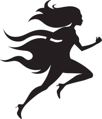 Spor, spor ve sağlık temalı tasarımlar için ideal, dalgalı saçlı bir kadının dinamik siyah ve beyaz vektör silueti