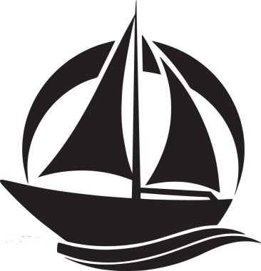 Bir yelkenlinin siyah ve beyaz vektörü dairesel tasarım elementi içinde, denizcilik logoları, deniz markaları ve kıyı tasarımları için mükemmel.