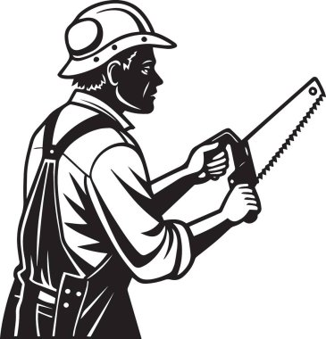 Güvenlik kaskı takmış bir inşaat işçisinin elinde testereyle siyah beyaz bir vektörü var. İnşaat, ticaret ve profesyonel işçi tasarımları için mükemmel.