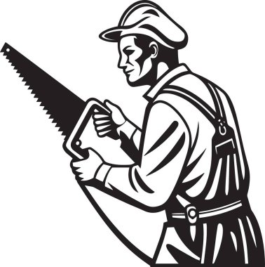 Bir marangozun detaylı siyah-beyaz taşıyıcısı. Dönem kıyafetleri içinde. Elinde testere ve ahşap var.