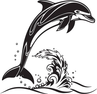 Okyanus dalgalarından atlayan bir yunusun dinamik siyah ve beyaz vektör silueti, deniz, okyanus ve su temalı tasarımlar için idealdir.