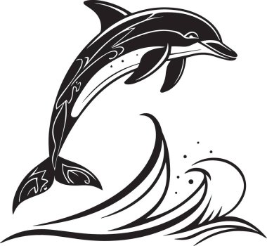 Okyanus dalgalarında birlikte sıçrayan iki yunusun siyah ve beyaz vektör silueti, deniz yaşamı, okyanus koruma ve su tasarımları için mükemmeldir.