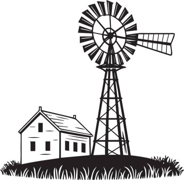 Çimenli bir çiftlik evinin yanındaki bir yel değirmeninin siyah-beyaz çizimi, kırsal, tarımsal ve kırsal yaşam tarzı tasarımları için idealdir.