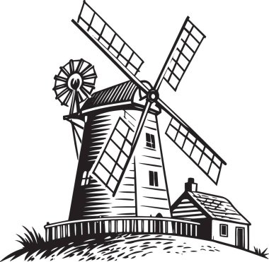 Geleneksel Hollanda tarzı yel değirmeninin detaylı siyah-beyaz çizimi, Avrupa, miras ve manzara tasarımları için mükemmel.