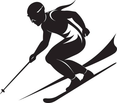 Dinamik siyah ve beyaz vektör silueti yarış pozisyonunda kayakçı, kış sporları, kayak merkezi ve Olimpiyat temalı tasarımlar için mükemmel.