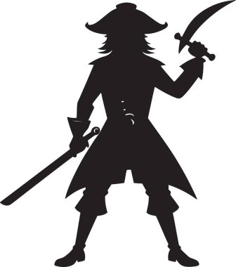 Bir korsan kaptanın şapkası ve paltosu olan siyah ve beyaz vektör silueti korsan, macera ve fantezi temalı tasarımlar için idealdir