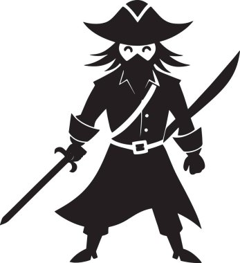 Kılıç, şapka ve sakallı, çocuk tasarımları, oyunlar ve korsan temalı bir korsan karakterinin siyah ve beyaz vektör silueti.