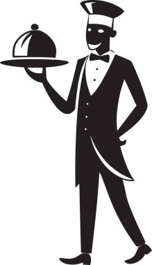 Resmi giyinmiş bir uşak ya da garson silueti servis tepsisi taşıyor, lüks yemek ve konukseverlik tasarımları için mükemmel.