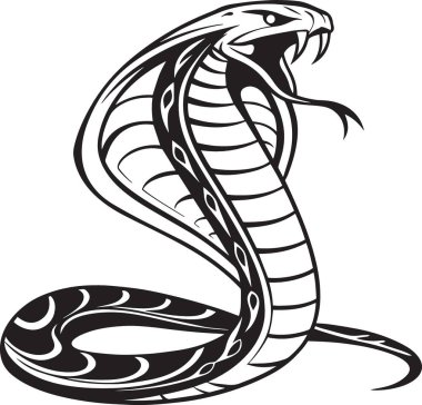 Siyah ve beyaz bir kobra yılanının silueti. Çarpıcı pozda kaldırılmış kapüşonlu, vahşi yaşam ve tehlike temalı tasarım projeleri için mükemmel.