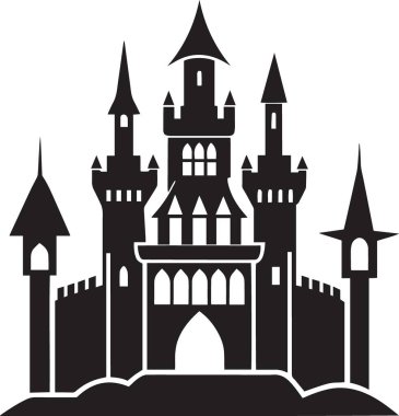 Birden fazla kulesi ve kulesi olan bir ortaçağ şatosunun siyah ve beyaz vektör silueti, fantezi ve tarihi tasarım projeleri için mükemmel.