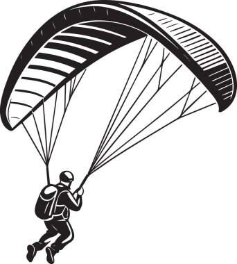 Sırt çantasıyla gökyüzünde süzülen bir paraglider pilotunun siyah ve beyaz vektör silueti ekstrem sporlar ve açık hava macera tasarımları için ideal.