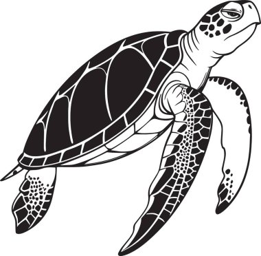 Karmaşık kabuk desenli büyük bir deniz kaplumbağasının siyah ve beyaz vektör silueti. Deniz koruma ve okyanus temalı tasarımlar için mükemmel.