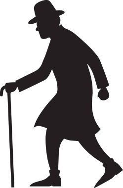 Viktorya dönemi beyefendisinin siyah-beyaz silueti baston ve silueti ile yürüyor, retro ve tarihi temalı tasarımlar için mükemmel.