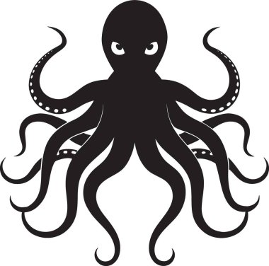 Bir ahtapotun siyah ve beyaz vektör silueti. Tüm dokunaçları geniş, deniz ve okyanus temalı tasarım projeleri için mükemmel.
