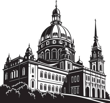 Mimari ve tarihi tasarım projeleri için ideal kuleleri ve kubbeleri olan büyük bir Gotik katedralinin siyah ve beyaz vektör silüeti