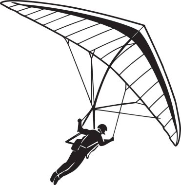 Delta kanatlı planörle uçan birinin siyah ve beyaz vektör silueti.