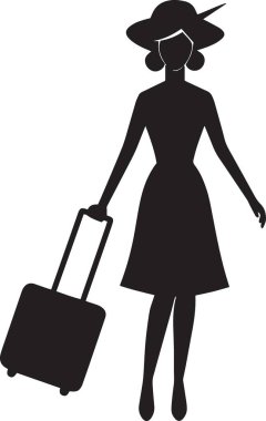 Siyah siluet bir kadın silueti. Şapkalı, yuvarlanan bir bavulla yürüyen şık bir kadın.