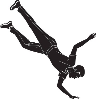 Bir kişinin siyah ve beyaz vektör silueti breakdance amuda kalkma hareketi yapıyor