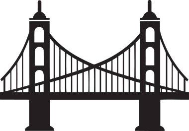 İkiz kuleleri ve kablo yapısı olan büyük bir asma köprünün siyah ve beyaz vektör silueti