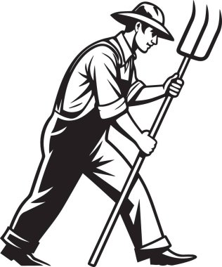 Siyah beyaz vektör silueti, elinde kürek tutan şapkalı bir çiftçi.