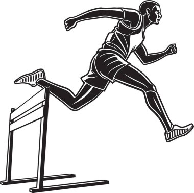 Yarış sırasında bir engeli ortadan kaldıran bir atletin siyah ve beyaz vektör silueti