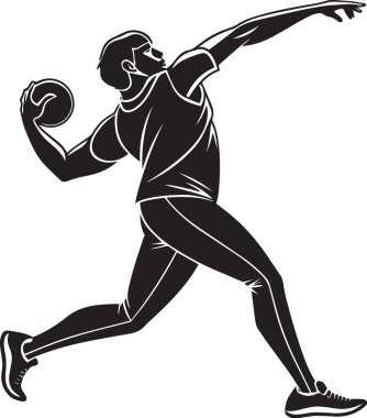 Siyah-beyaz bir erkek atlet silueti. Atış yapıyor. Rekabetçi duruş sergiliyor.