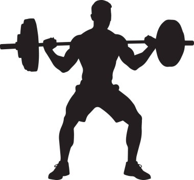 Bir vücut geliştiricinin siyah siluet vektörü ağır halter ya da üstten basınç egzersizi yapıyor.