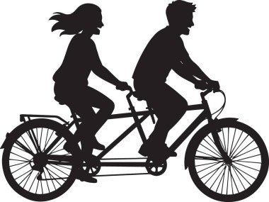 Romantik bisiklet sahnesinde ikili bisiklete binen bir çiftin siyah siluet vektörü
