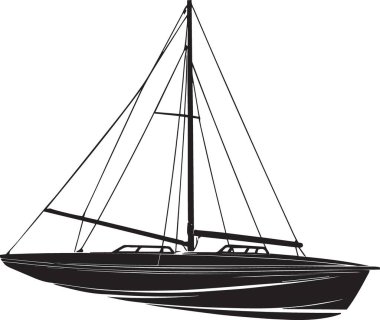 Uzun direkli, gösterişli bir yat yelkenlisinin siyah vektör silueti, tekne ve eğlence temalı projeler için ideal.