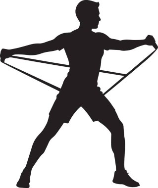 Direniş bantlarıyla egzersiz yapan bir adamın siyah vektör silueti. Ev forması ve eğitim temalı tasarımlar için mükemmel.