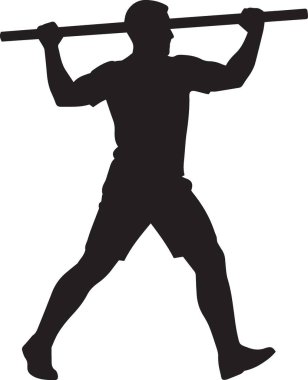 Omuzlarında sırık ya da halter taşıyan bir adamın siyah vektör silueti, iş gücü ve güç temalı tasarımlar için mükemmel.
