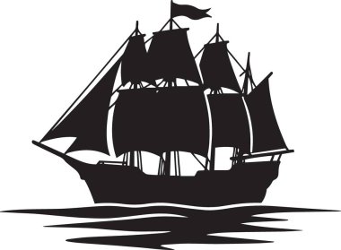Okyanusta uzun bir yelkenli geminin siyah vektör silueti. Birden fazla direği var. Denizcilik macerası temalı tasarımlar için mükemmel.