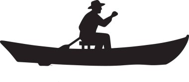 Küçük bir kano teknesinde kürek çeken bir adamın siyah vektör silueti.