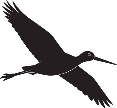 Kara vektör silueti uçan bir leylek kuşunun kanatları gökyüzünde zarifçe süzülüyor.