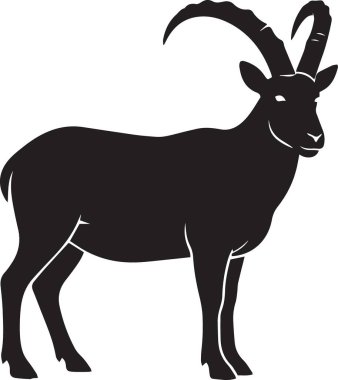 Bir dağ keçisinin siyah vektör silueti eğri boynuzları ve sakallı vahşi alp hayvanının duruşu